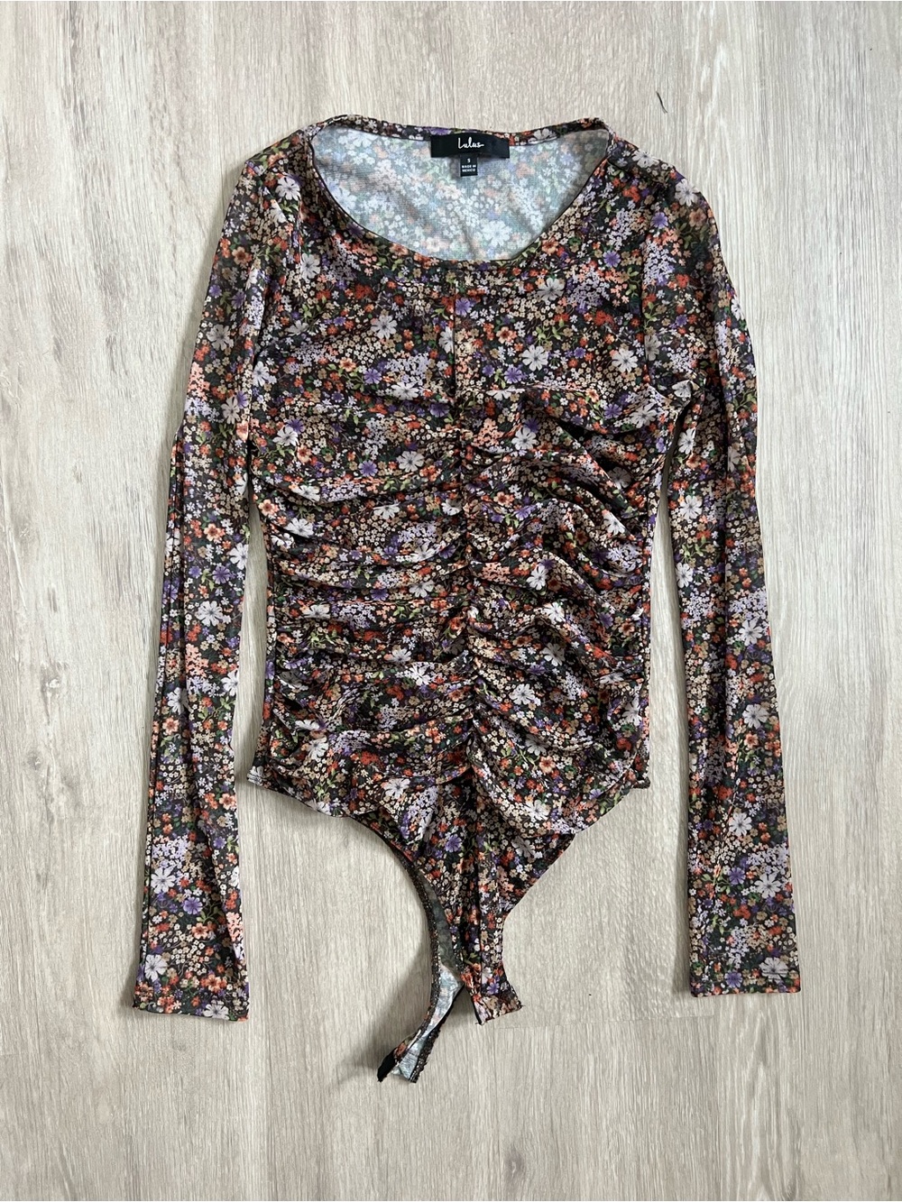 Lulus Brown Floral Ruched Long-Sleeve Bodysuit with Multicolor Ditsy Print S